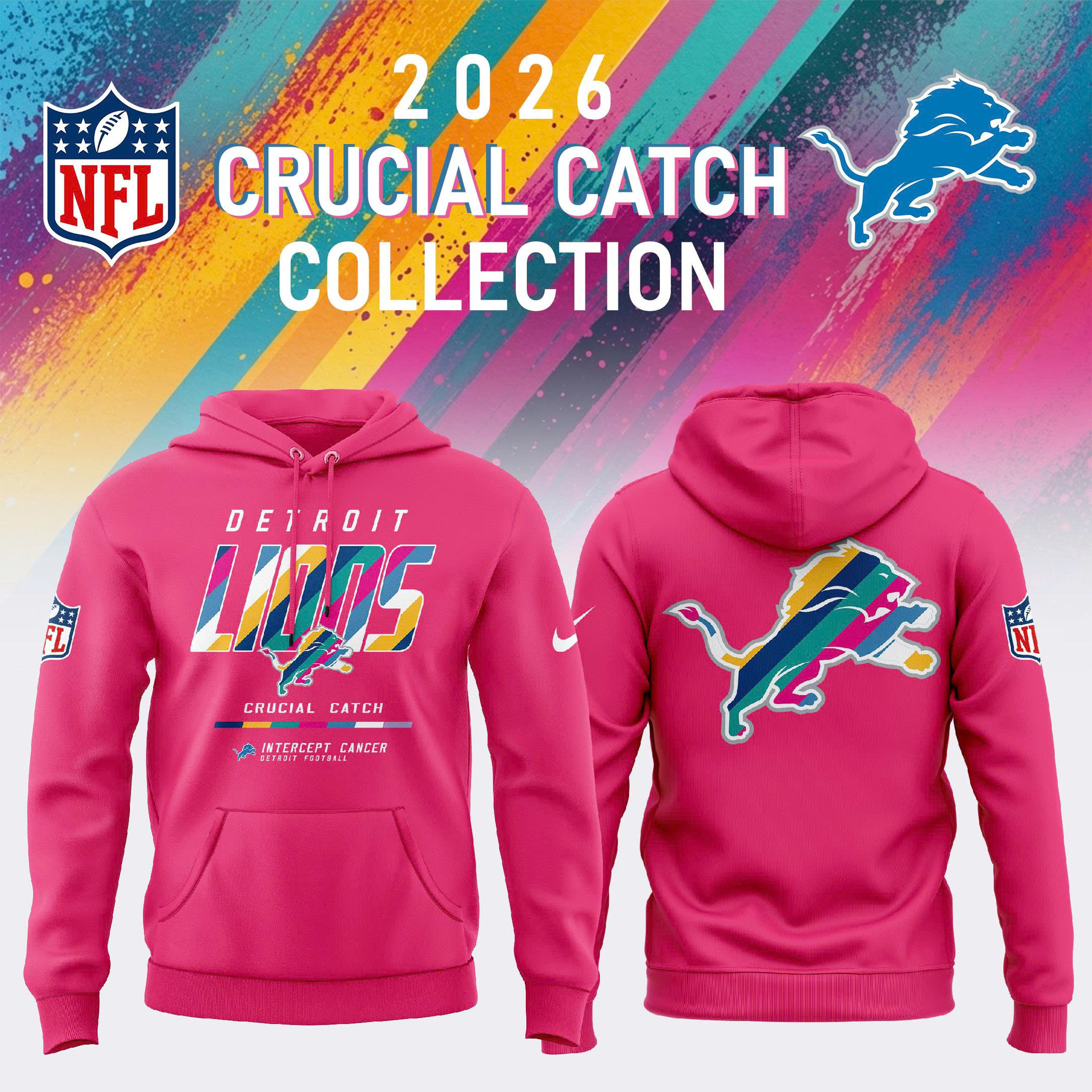 NFL Crucial Catch Merch 2026 Detroit Lions Crucial Catch Intercept Cancer Hoodie Fan Clothing