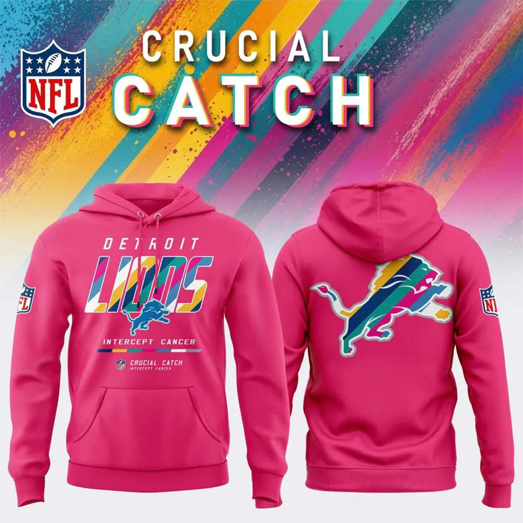 NFL Crucial Catch Merch 2026 Detroit Lions Crucial Catch Intercept Cancer Hoodie Pink