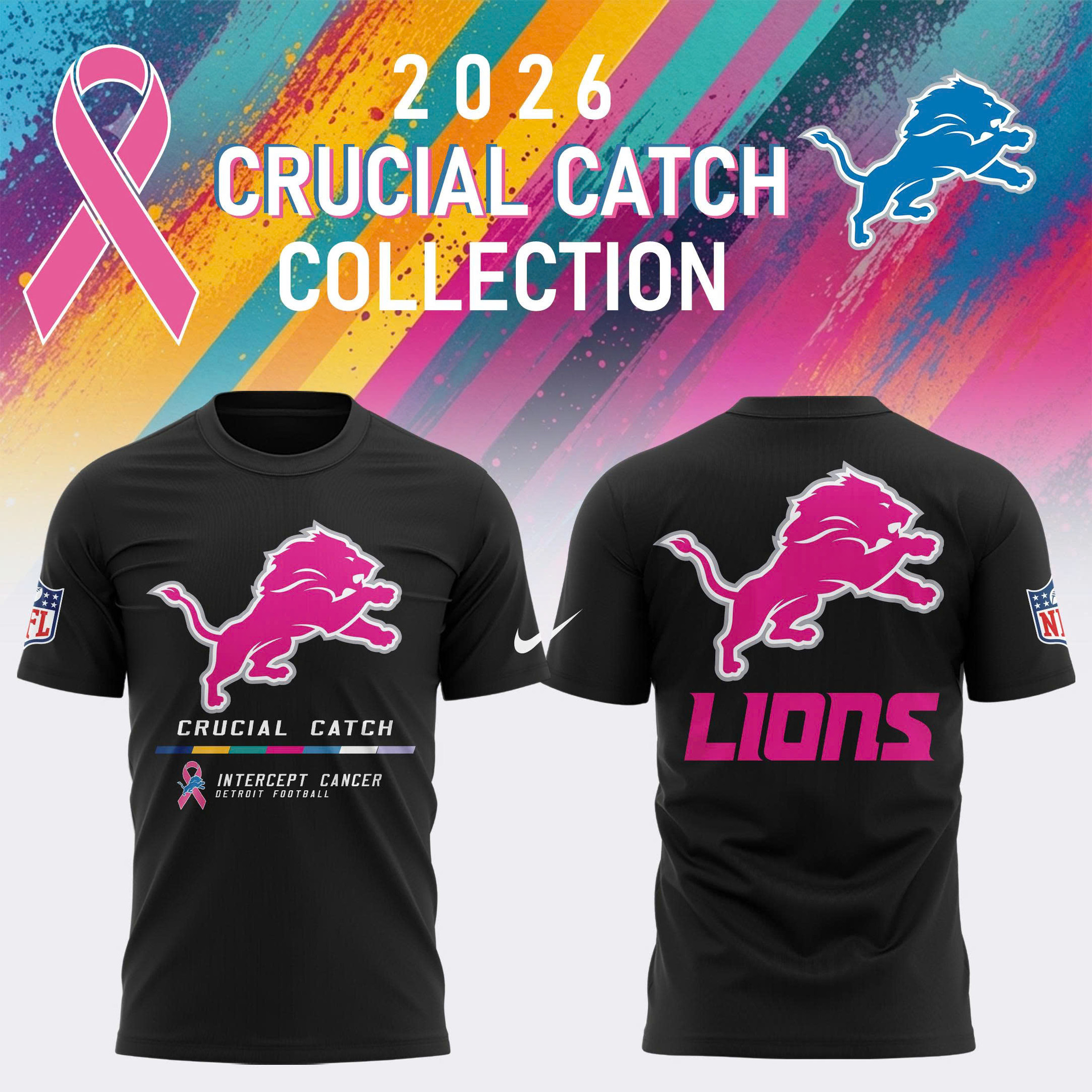 NFL Crucial Catch Merch 2026 Detroit Lions Crucial Catch Intercept Cancer T-Shirt Fan Apparel