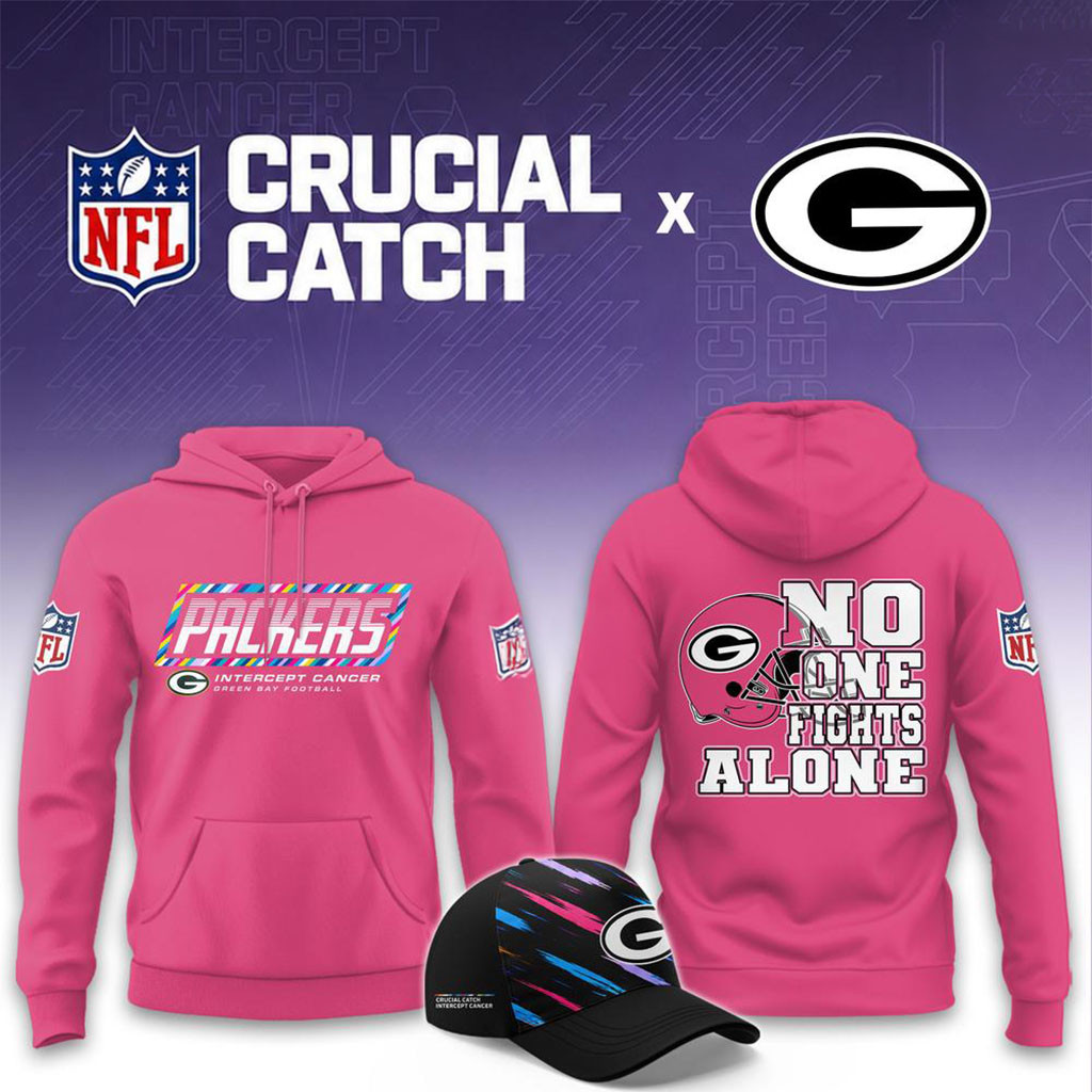 NFL Crucial Catch Merch 2026 Green Bay Packers No One Fights Alone Pink Hoodie Fan Clothing