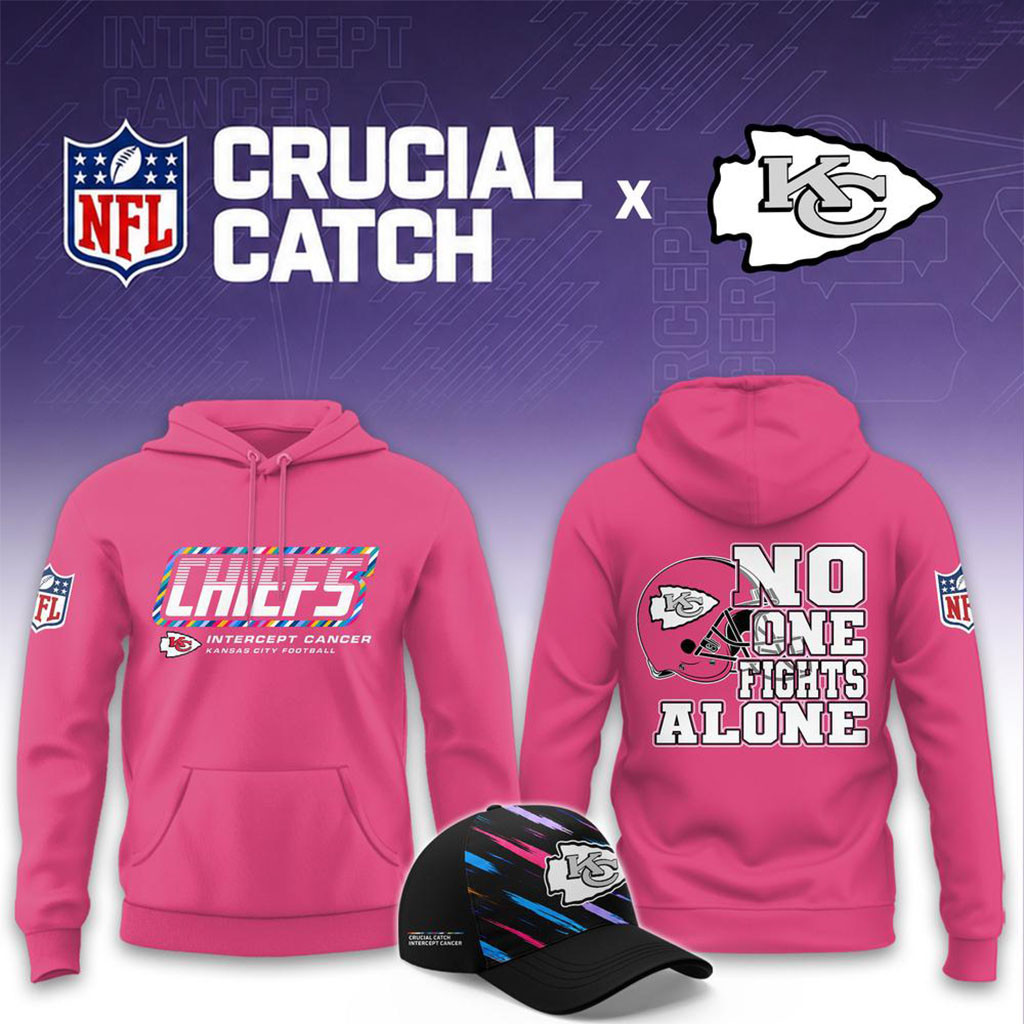 NFL Crucial Catch Merch 2026 Kansas City Chiefs No One Fights Alone Pink Hoodie Chiefs Merch