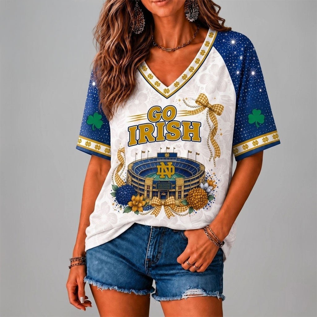 Notre Dame Fighting Irish Floral Stadium Bow V-Neck Shirt Go Irish Shirt Gift For Game Day