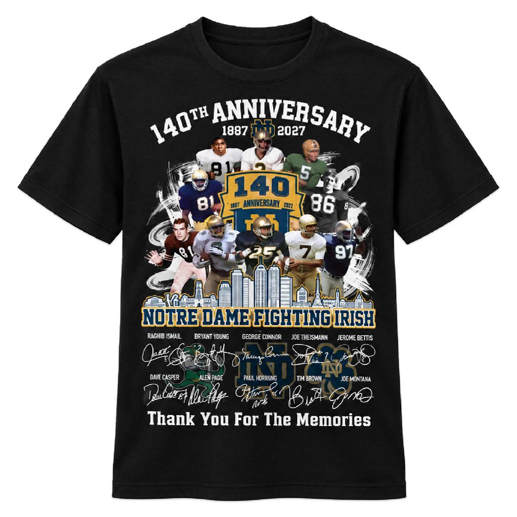 Notre Dame Fighting Irish Merch 140th Anniversary Notre Dame Football T-Shirt Signed Fan Gear
