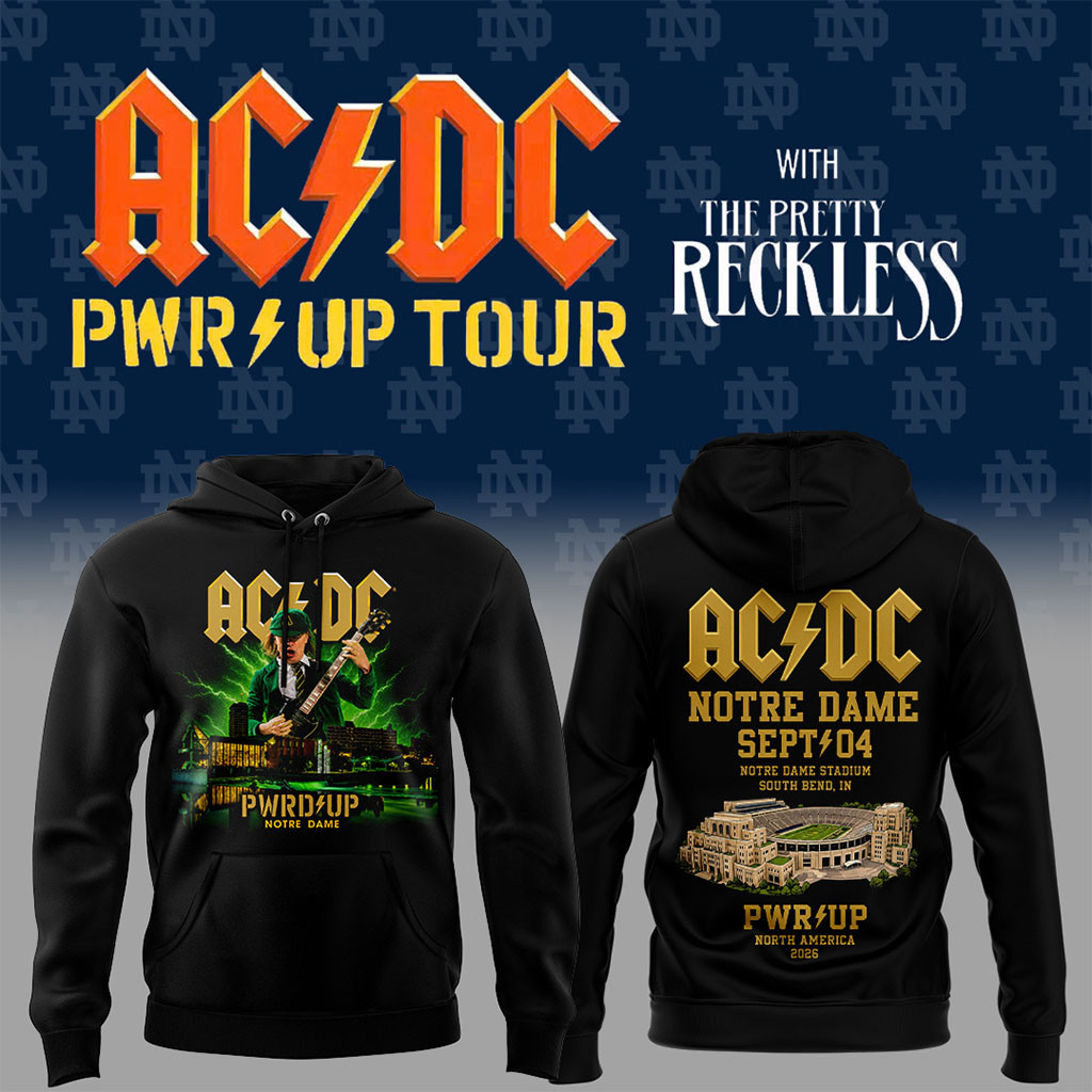 Notre Dame X AC DC Merch 2026 PWR UP Tour Black Hoodie AC DC Concert Merch Gift For Music Fans