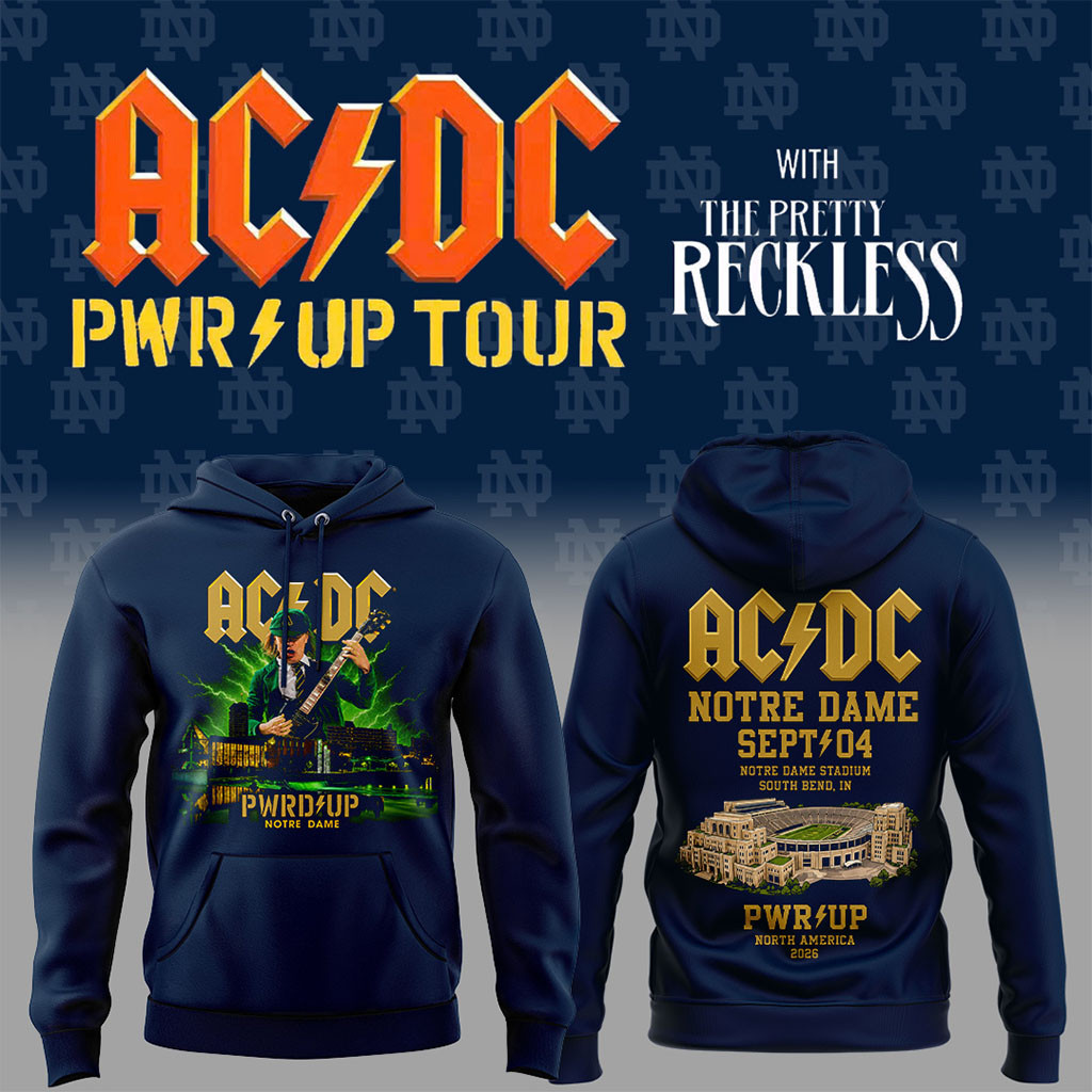 Notre Dame X AC DC Merch 2026 PWR UP Tour Hoodie Music Concert Outfit Gift For Fans
