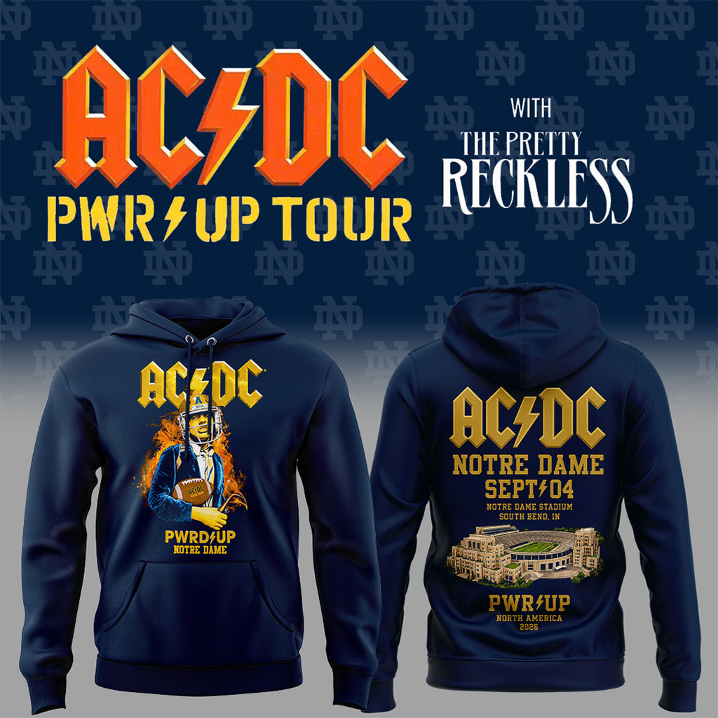 Notre Dame X AC DC Merch 2026 PWR UP Tour Hoodie Notre Dame Merch Gift For Music Lovers