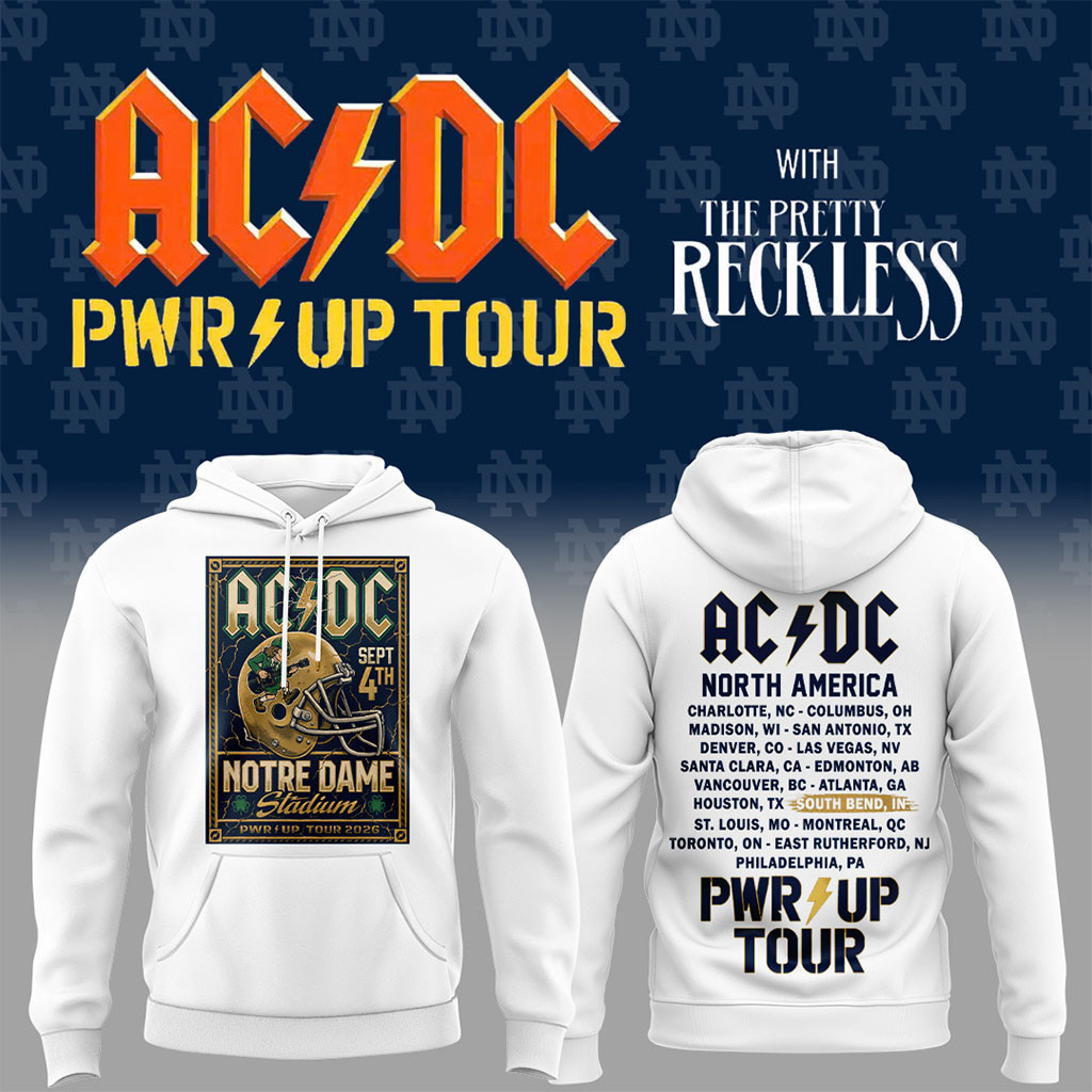 Notre Dame X AC DC PWR UP Tour Hoodie White AC DC Merch Best Gift For Band Fans