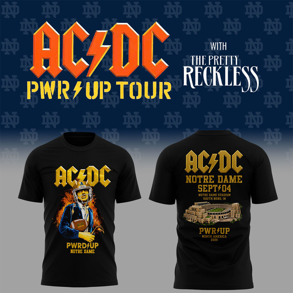 Notre Dame X AC DC PWR UP Tour T-Shirt Black Notre Dame Merch Gift For AC DC Band Fans