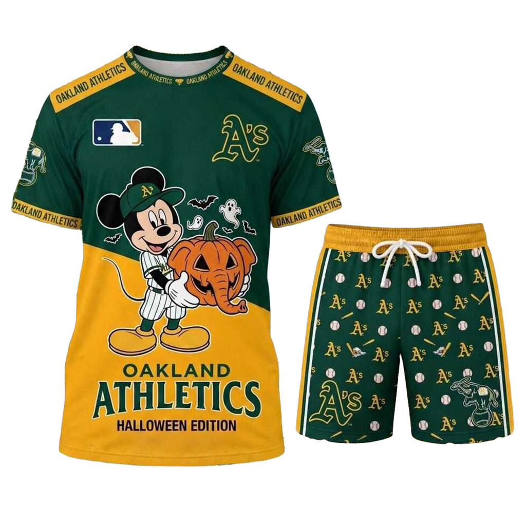 Oakland Athletics Mickey Mouse Halloween Pumpkin Shirt And Shorts Oakland Athletics Merch Gifts Oakland Athletics Mickey Mouse Halloween Pumpkin Shirt And Shorts Oakland Athletics Merch Gifts