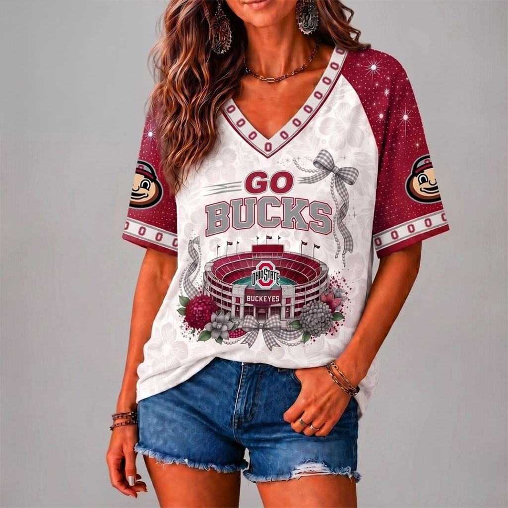Ohio State Buckeyes Floral Stadium Bow V-Neck Shirt Go Bucks Merch Present For Game Day