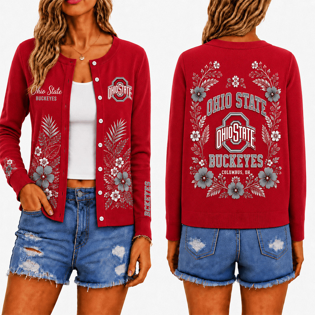Ohio State Buckeyes Wild Floral Cardigan Women's Gama Day Attire Buckeyes Merch Gift For Fans Ohio State Buckeyes Wild Floral Cardigan Women's Gama Day Attire Buckeyes Merch Gift For Fans