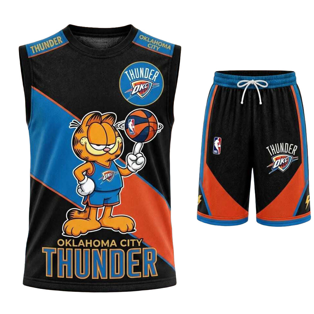 Oklahoma City Thunder Garfield Basketball Muscle Tank And Shorts OKC Merch Basketball Fans Gifts