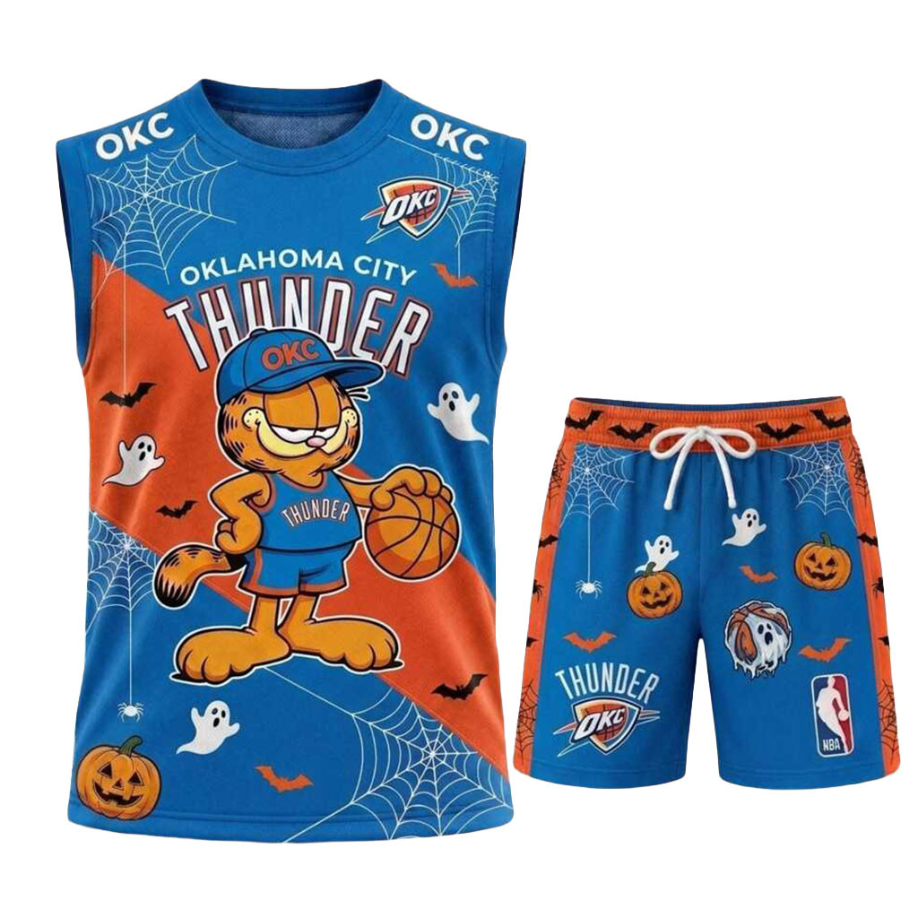 Oklahoma City Thunder Garfield Halloween Basketball Muscle Tank And Shorts OKC Merch Fans Gifts