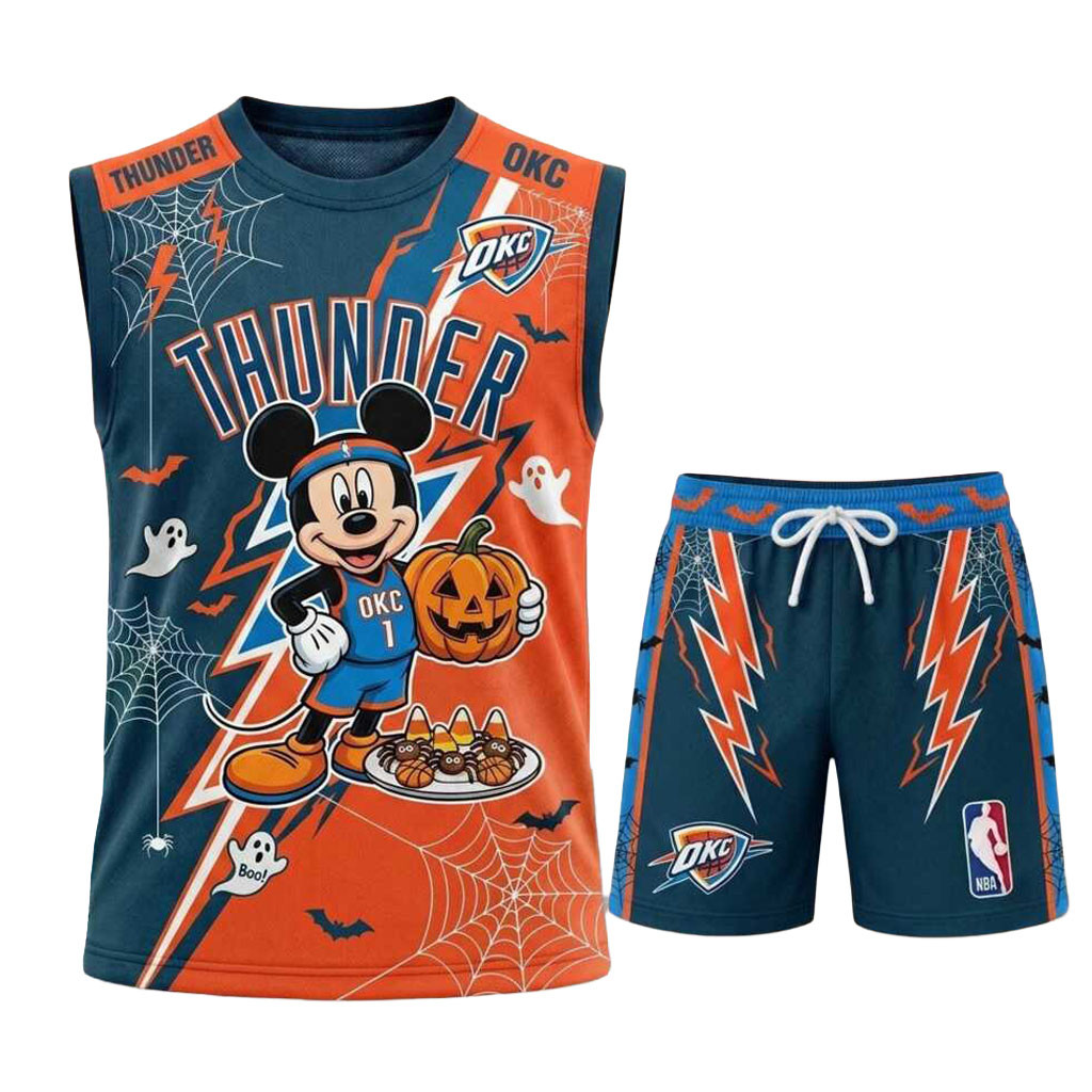 Oklahoma City Thunder Mickey Mouse Halloween Basketball Muscle Tank And Shorts OKC Merch Gifts