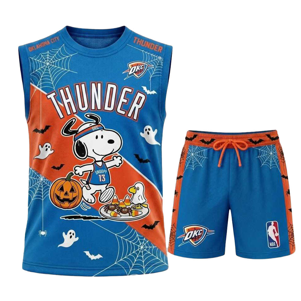 Oklahoma City Thunder Snoopy Halloween Basketball Muscle Tank And Shorts OKC Merchandise Oklahoma City Thunder Snoopy Halloween Basketball Muscle Tank And Shorts OKC Merchandise