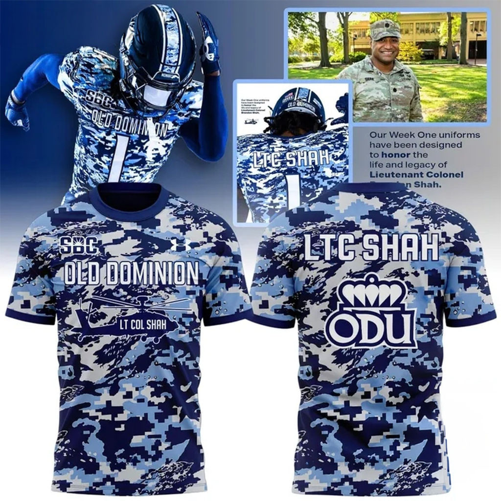 Old Dominion Monarchs Lieutenant Colonel Brandon Shah Camo T-Shirt Old Dominion Monarchs Merch