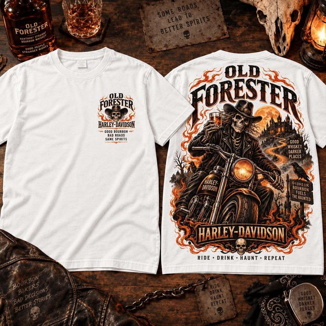 Old Forester X Harley Davidson Merch Bourbon Skeleton Rider T-Shirt Gift For Halloween