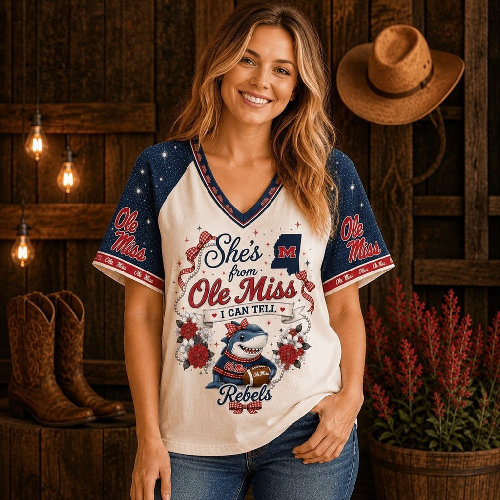 Ole Miss Rebels Bow And Floral Team Spirit V-Neck Shirt Rebels Merch Gifts For Football Fan