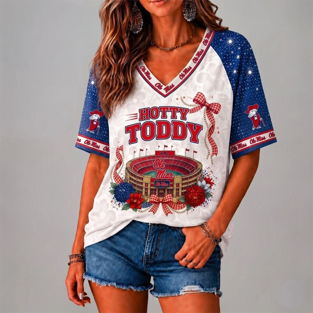 Ole Miss Rebels Floral Stadium Bow V-Neck Shirt Hotty Toddy Shirt Rebels Merch Women's