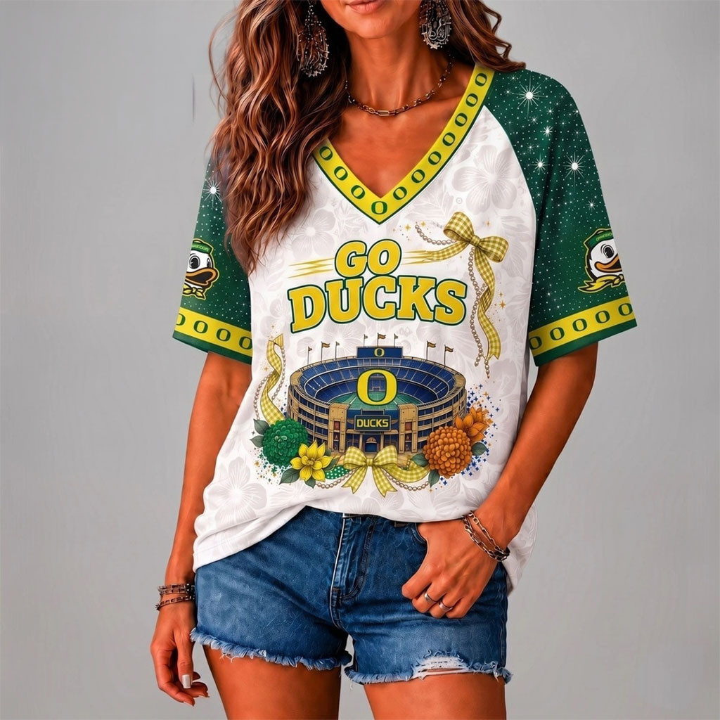 Oregon Ducks Floral Stadium Bow V-Neck Shirt Go Ducks Shirt Oregon Ducks Merch Fan Gifts