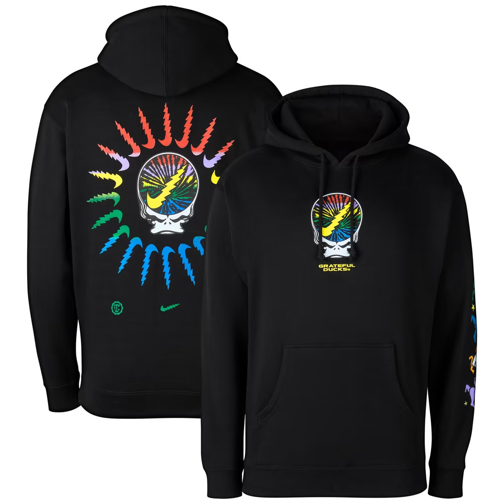 Oregon Ducks Merch 2026 Black Oregon Ducks Grateful Ducks Rainbow Spiral Hoodie Fan Apparel