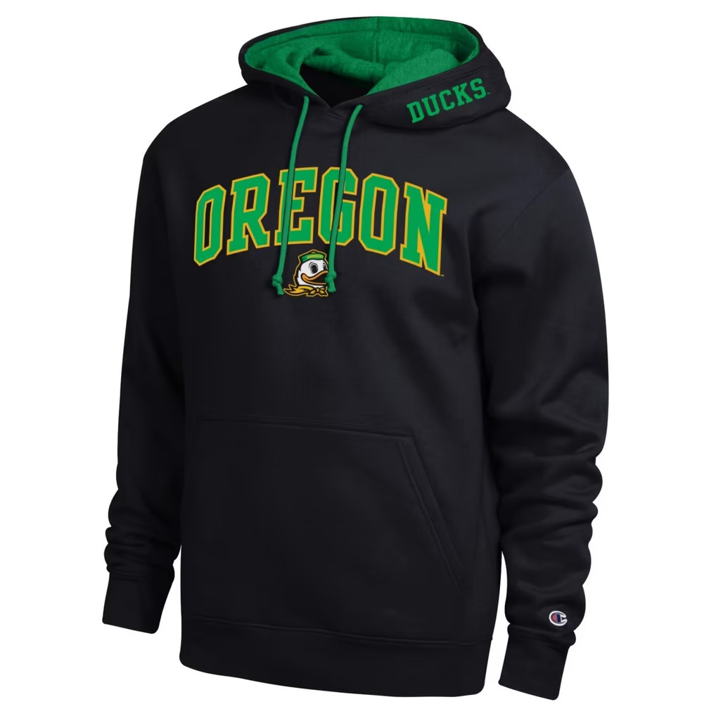 Oregon Ducks Merch 2026 Champion Black Oregon Ducks Arch Logo Hoodie Game Day Apparel