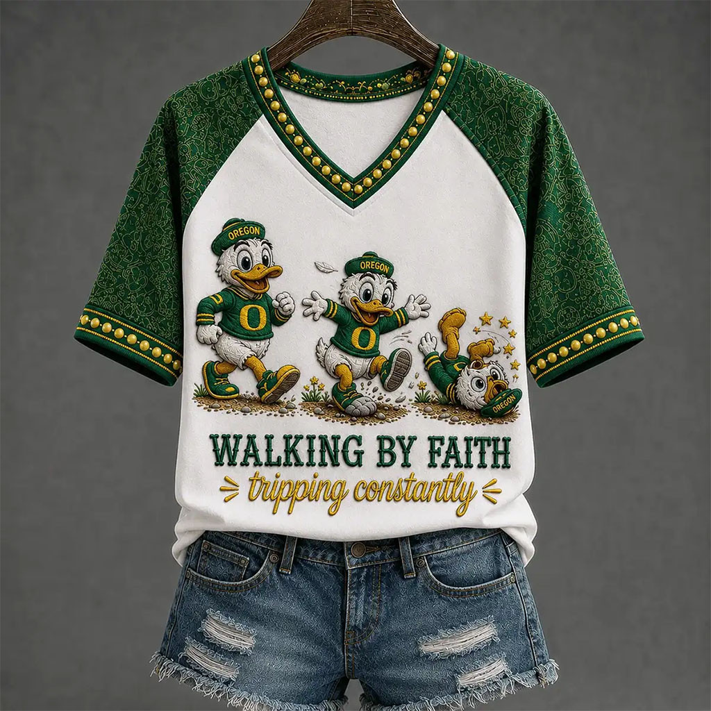 Oregon Ducks Walking By Faith Tripping Constantly V-Neck Shirt Oregon Ducks Merch Christian Gift