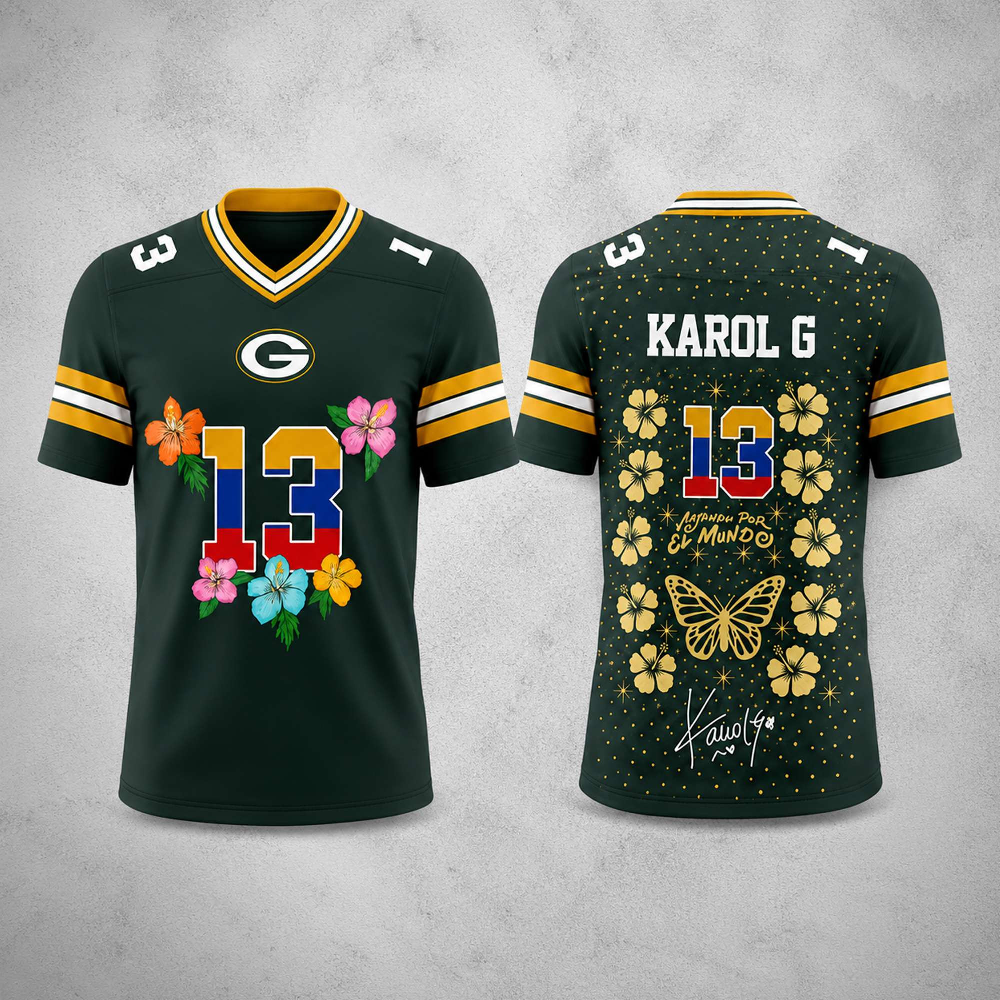 Packers Karol G Viajando Por El Mundo Tropitour 2027 Jersey Green Bay Packers Merch Him Gifts