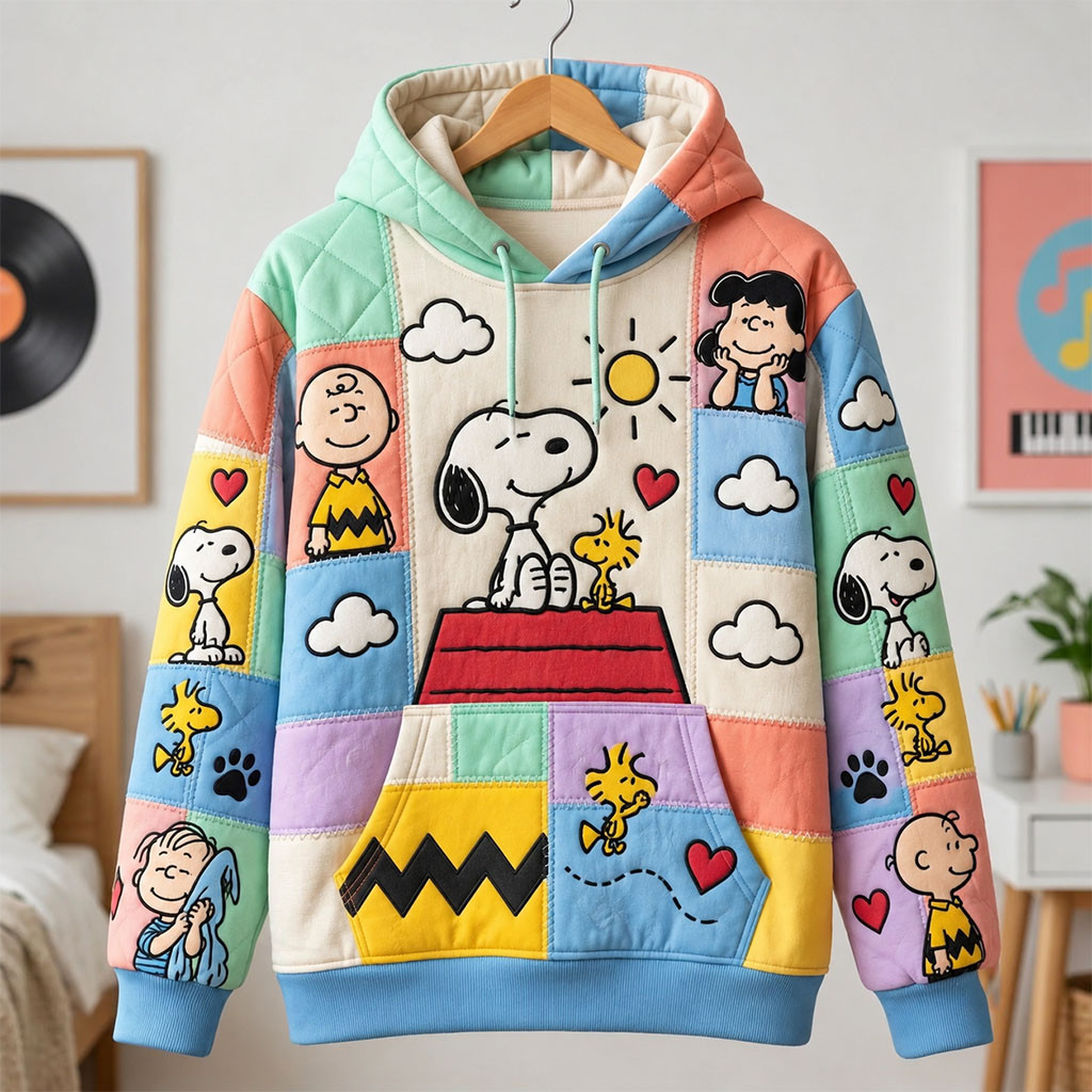 Peanuts Cozy Puppy And Friends Patchwork Hoodie Cute Pastel Cartoon Hoodie Birthday Gifts