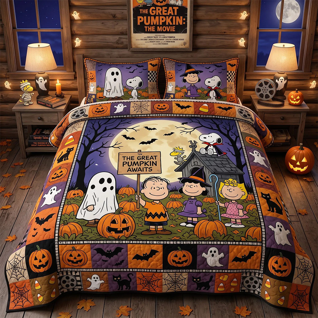 Peanuts Great Pumpkin Friends Halloween Quilt Bedding Set Spooky Fall Bedroom Decor Family Gift