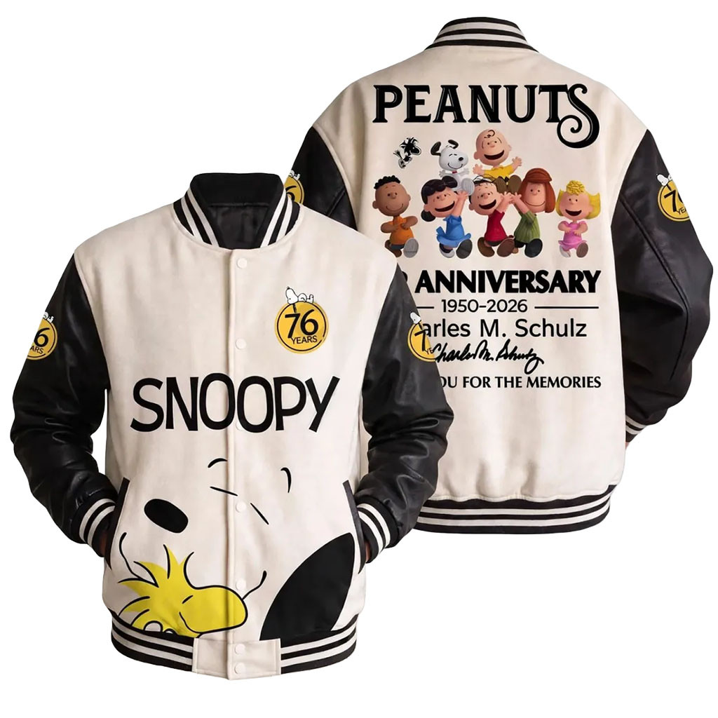 Peanuts Snoopy 76th Anniversary Baseball Jacket Peanuts Merch Best Gift For Cartoon Fans