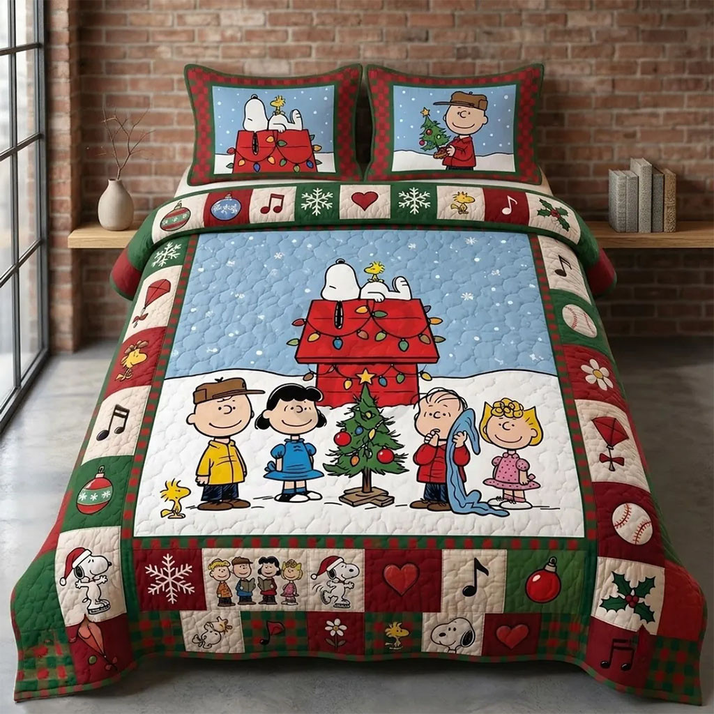 Peanuts Snoopy Christmas Patchwork Quilt Bedding Set Cute Cartoon Bedroom Decor Gift For Fans