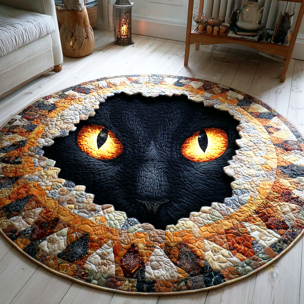 Peeking Cat Moon Quilted Round Mat Fall Pumpkins Decor Black Cat Merchandise Gifts