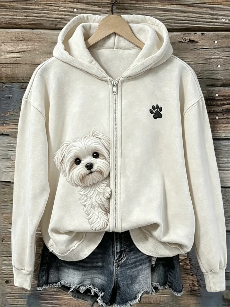 Peeking Maltese Dog And Paw Zip Hoodie Cute Dog Hoodie Gifts For Pet Lovers