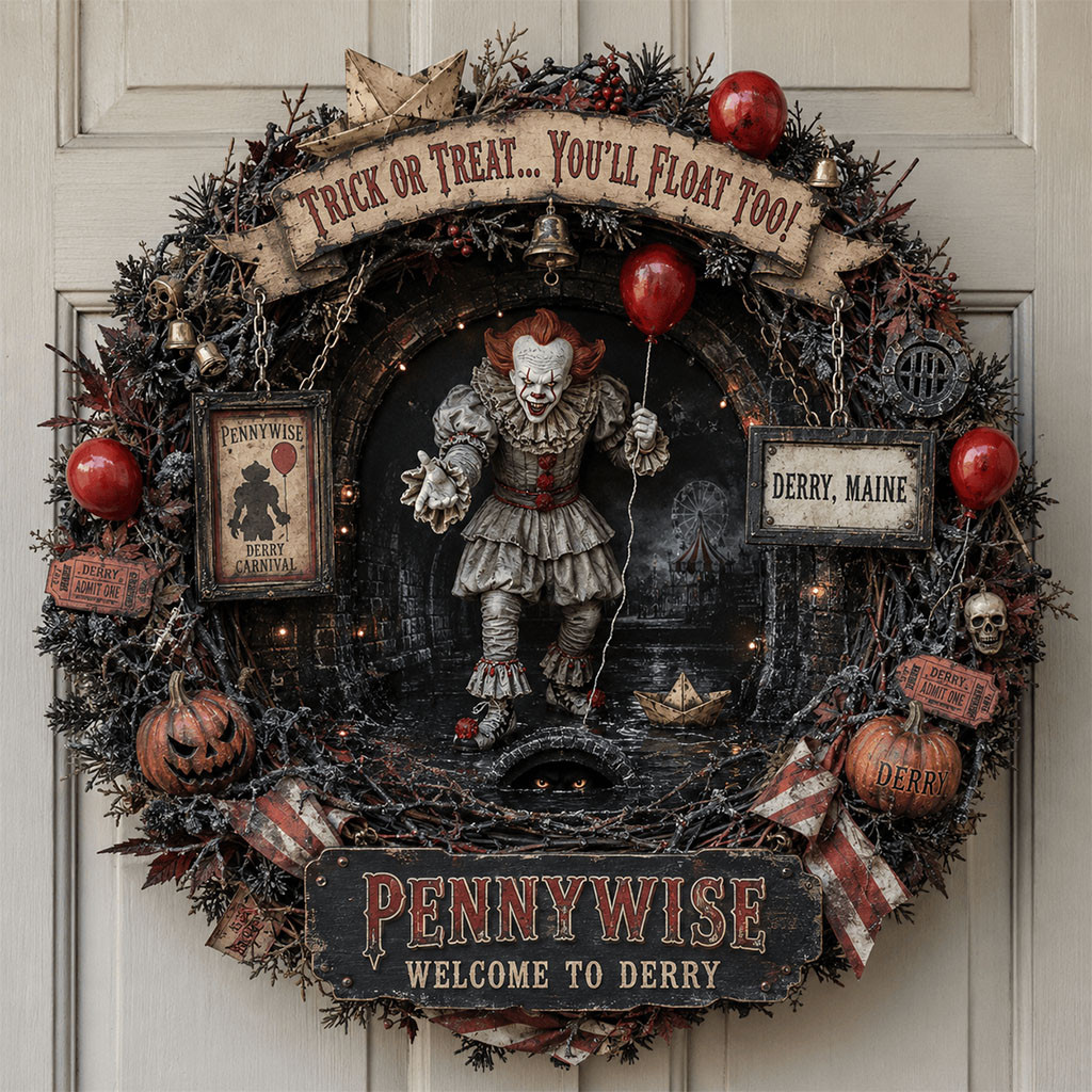 Pennywise Welcome To Derry Door Sign Trick Or Treat You'll Float Too Wreath Halloween Present