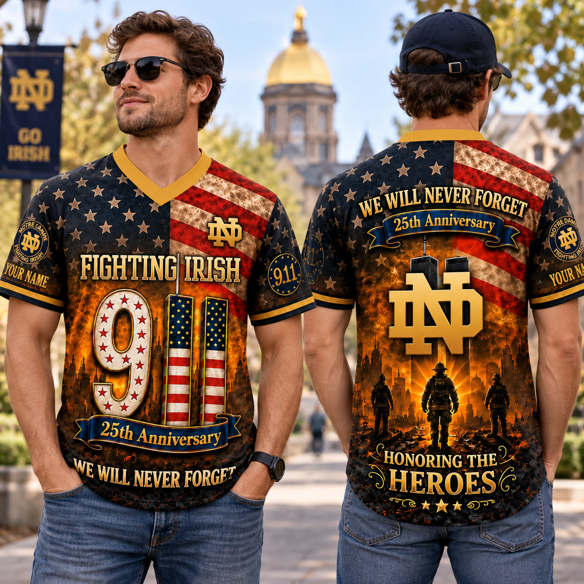 Personalised Notre Dame 9 11 Never Forget Firefighter Jersey Notre Dame Fighting Irish Merch
