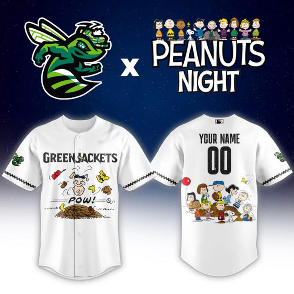 Personalized Augusta GreenJackets Peanuts Night Baseball Jersey GreenJackets Merch Fan Gifts
