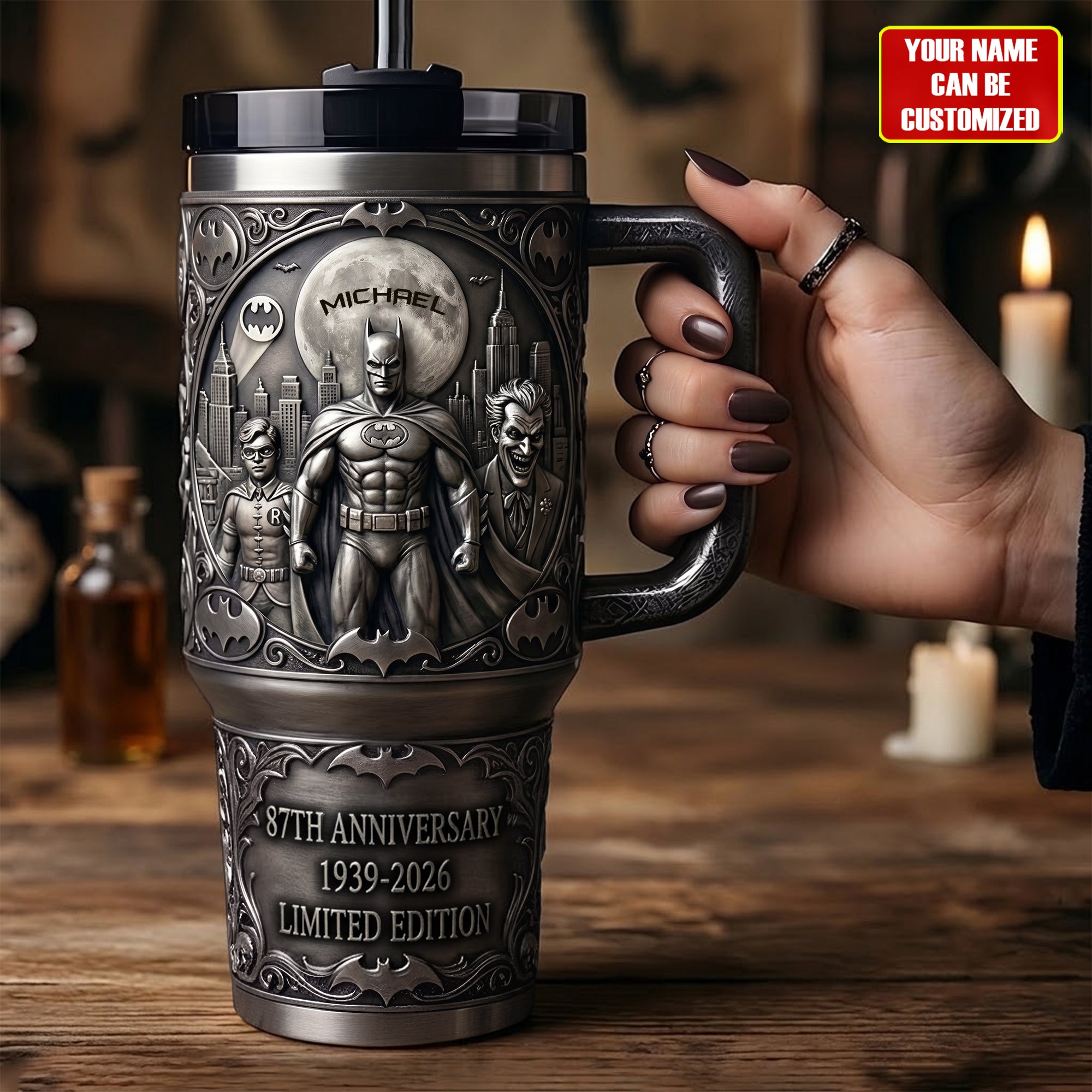 Personalized Batman 87th Anniversary 1939 2026 Tumbler Gothic Knight Travel Cup Gift For Son