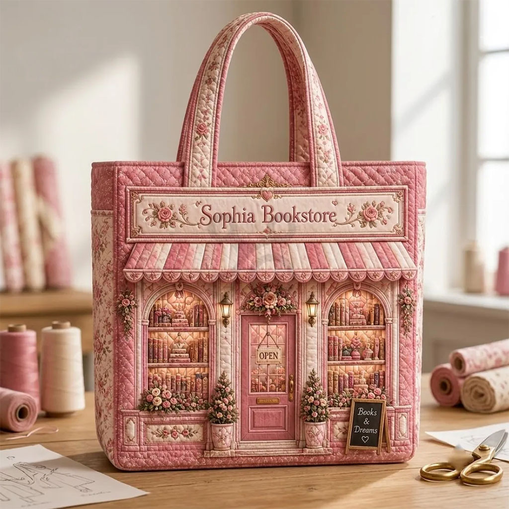 Personalized Bookstore Pink Quilted Tote Bag Book Lover Gear Gifts Ideas For Sisters