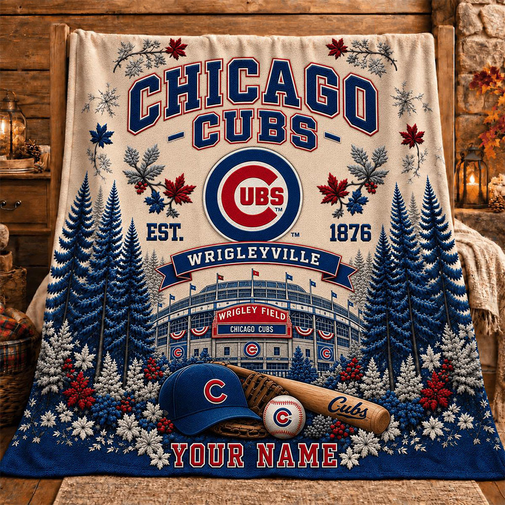 Personalized Chicago Cubs Wrigleyville Christmas Blanket Cubs Merch Gifts For Baseball Lovers