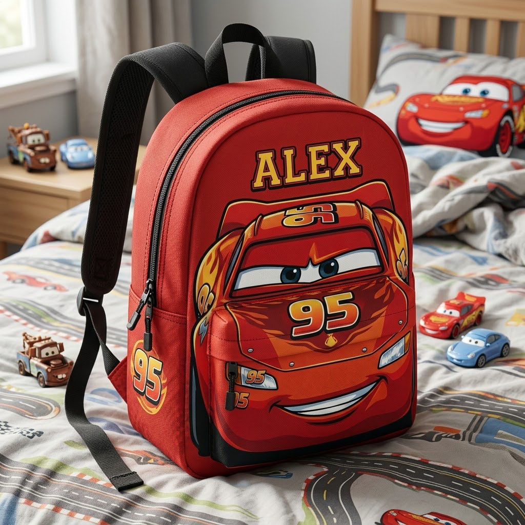 Personalized Close-Up Front View Of D Pixar Lightning McQueen School Bag Gift For Son