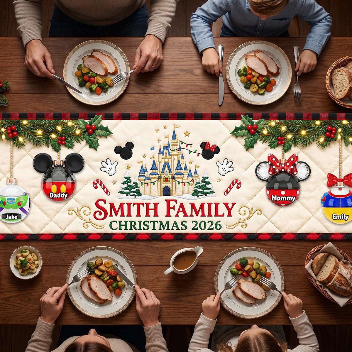 Personalized Disney Castle Christmas Family Bubble Quilted Table Runner Gifts For Family
