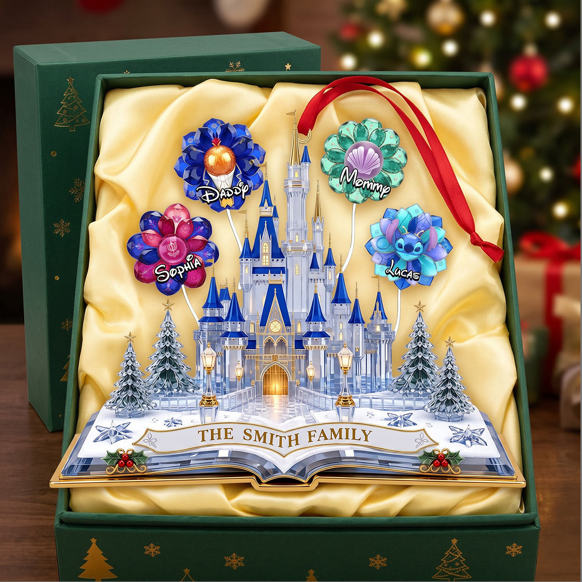 Personalized Disney Castle Floral Christmas Acrylic Ornament Xmas Tree Decor Gifts For Family