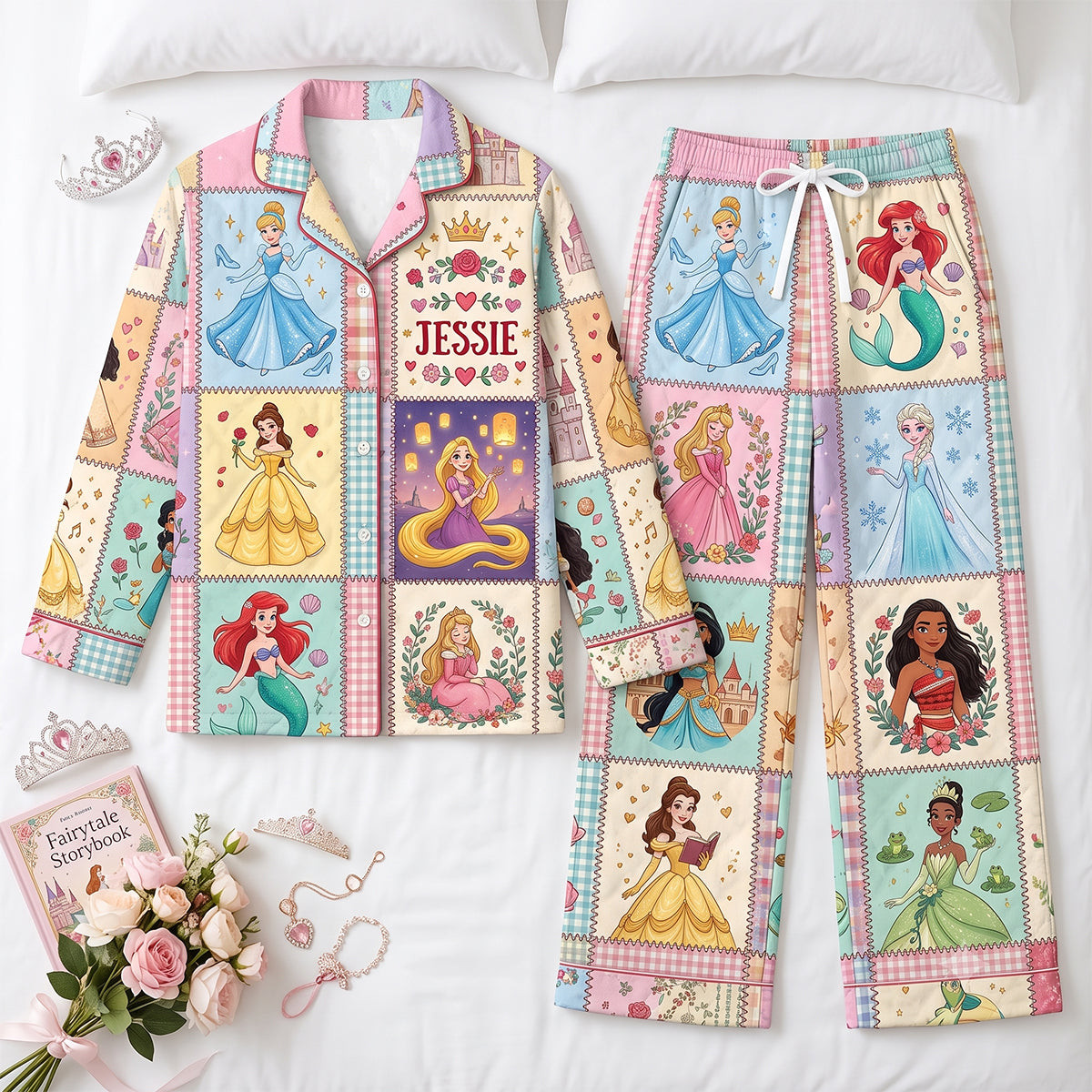 Personalized Disney Princess Patchwork Pajama Set Kawaii Gifts For Daughters