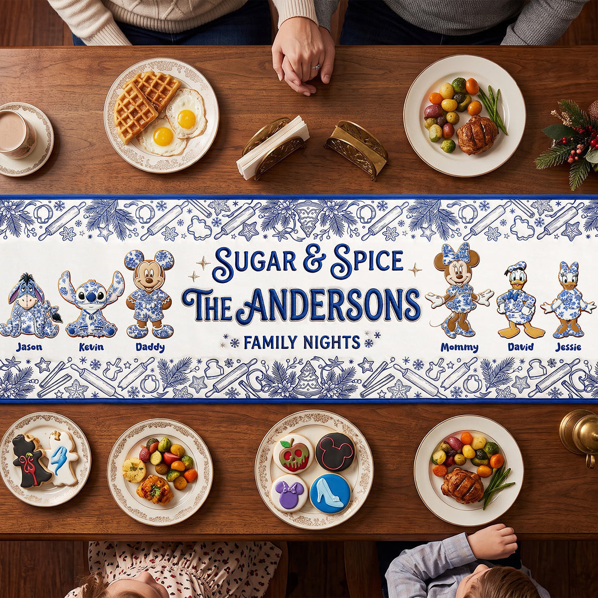 Personalized Family Gingerbread Toile De Jouy Blue Floral Quilted Table Runner Gifts For Family