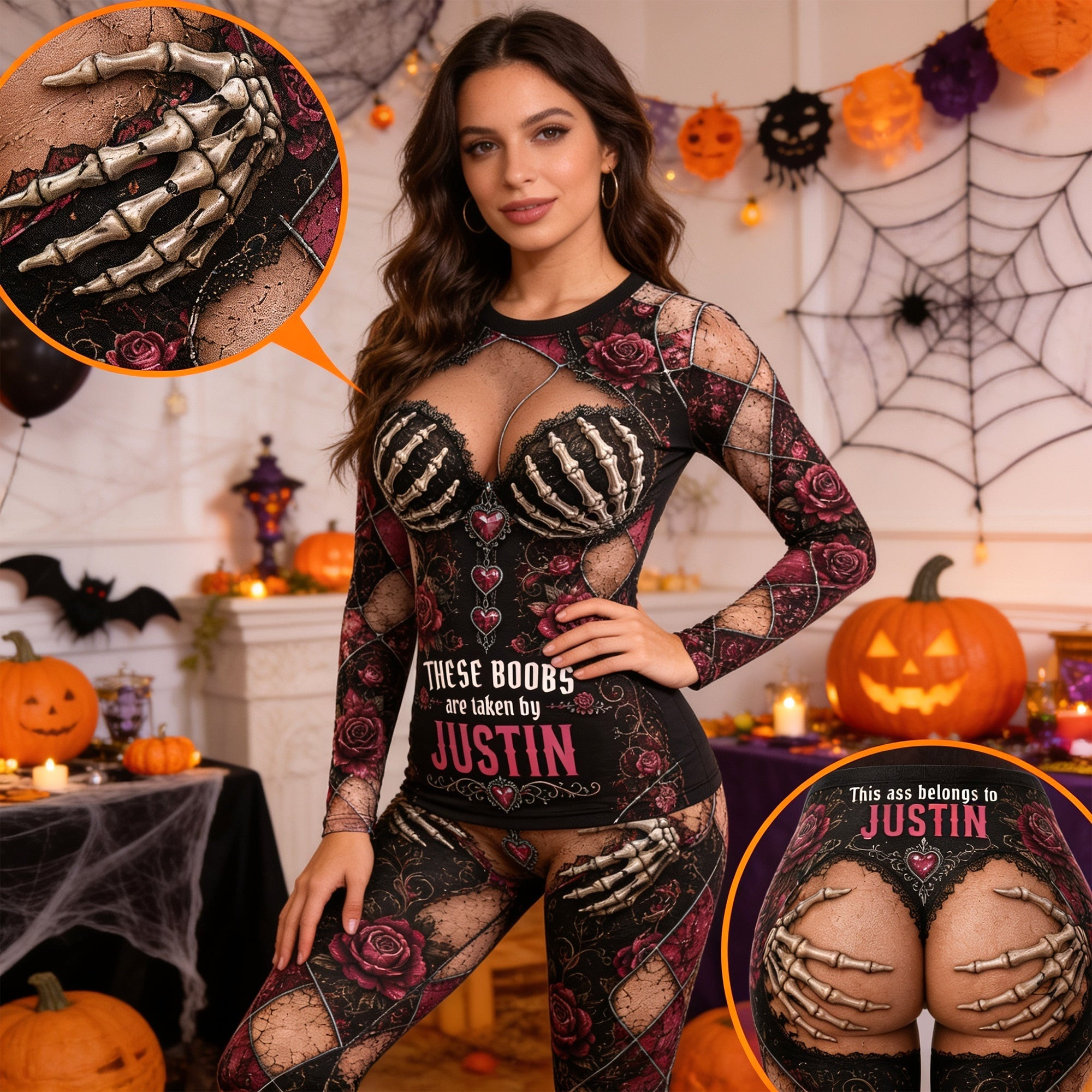 Personalized Gothic Skeleton Skull Dark Long Sleeve Shirt Leggings Set Funny Halloween Gifts