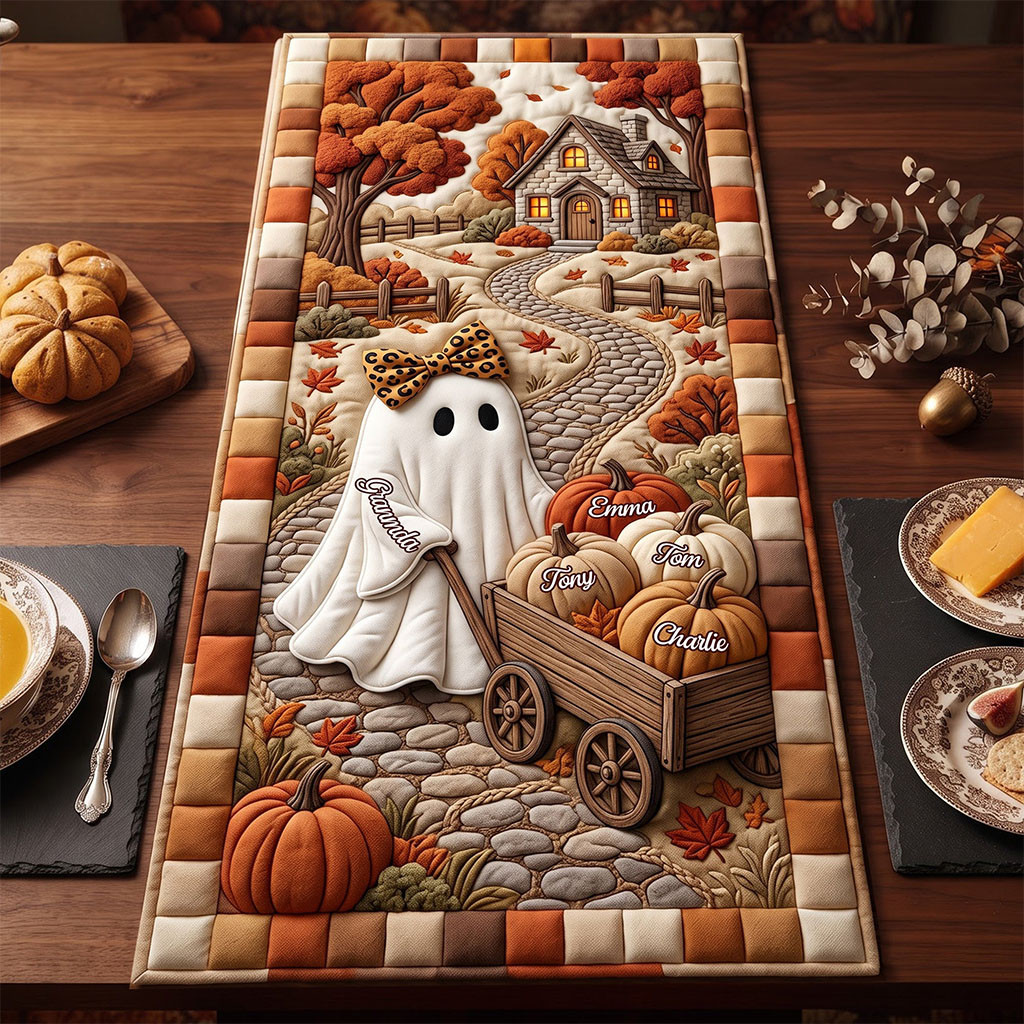 Personalized Grandma Halloween Quilted Table Runner Cute Ghost Autumn Decor Gifts For Halloween