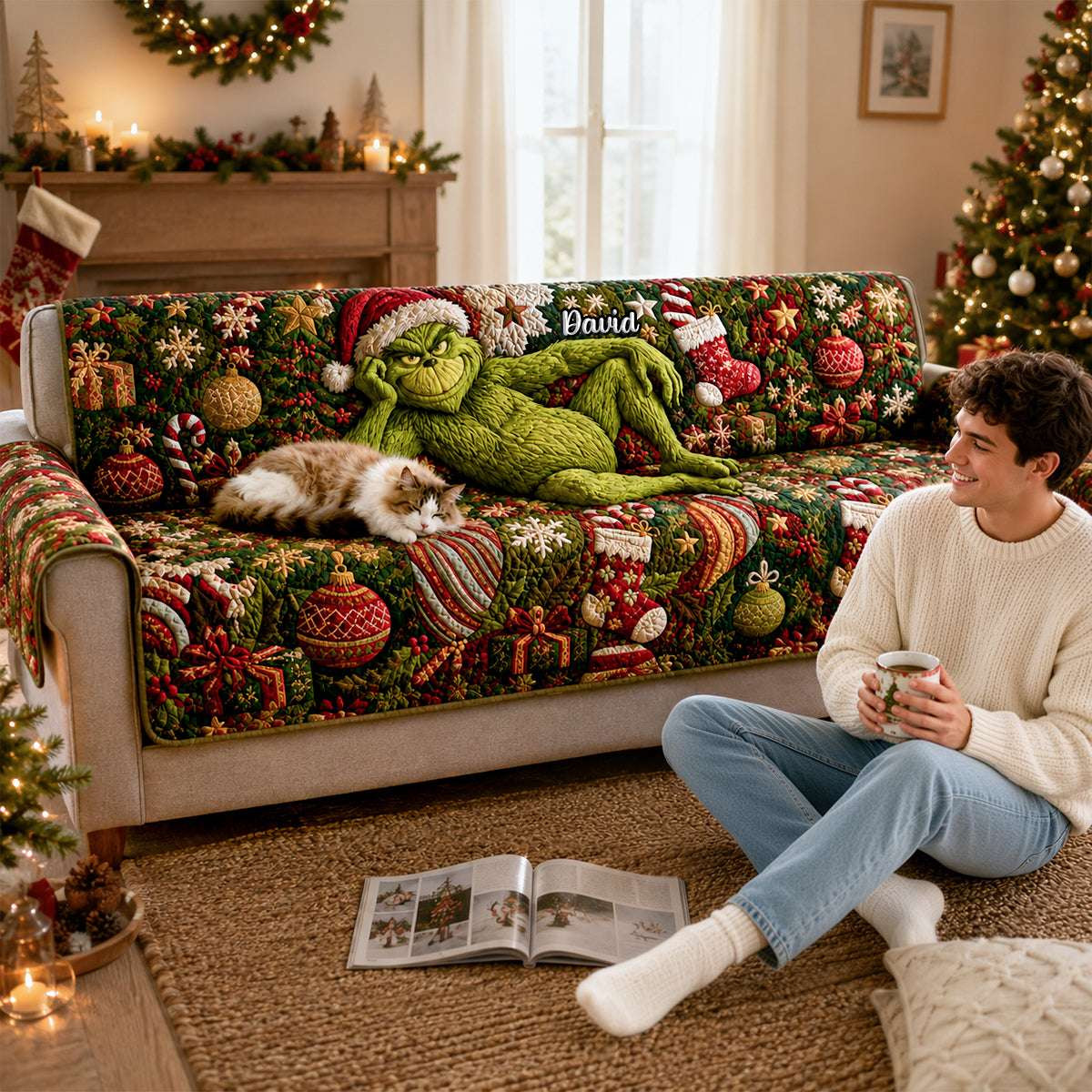 Personalized Grinch Christmas Quilted Sofa Cover Grinchmas Sofa Protector Holiday Home Decor Gift