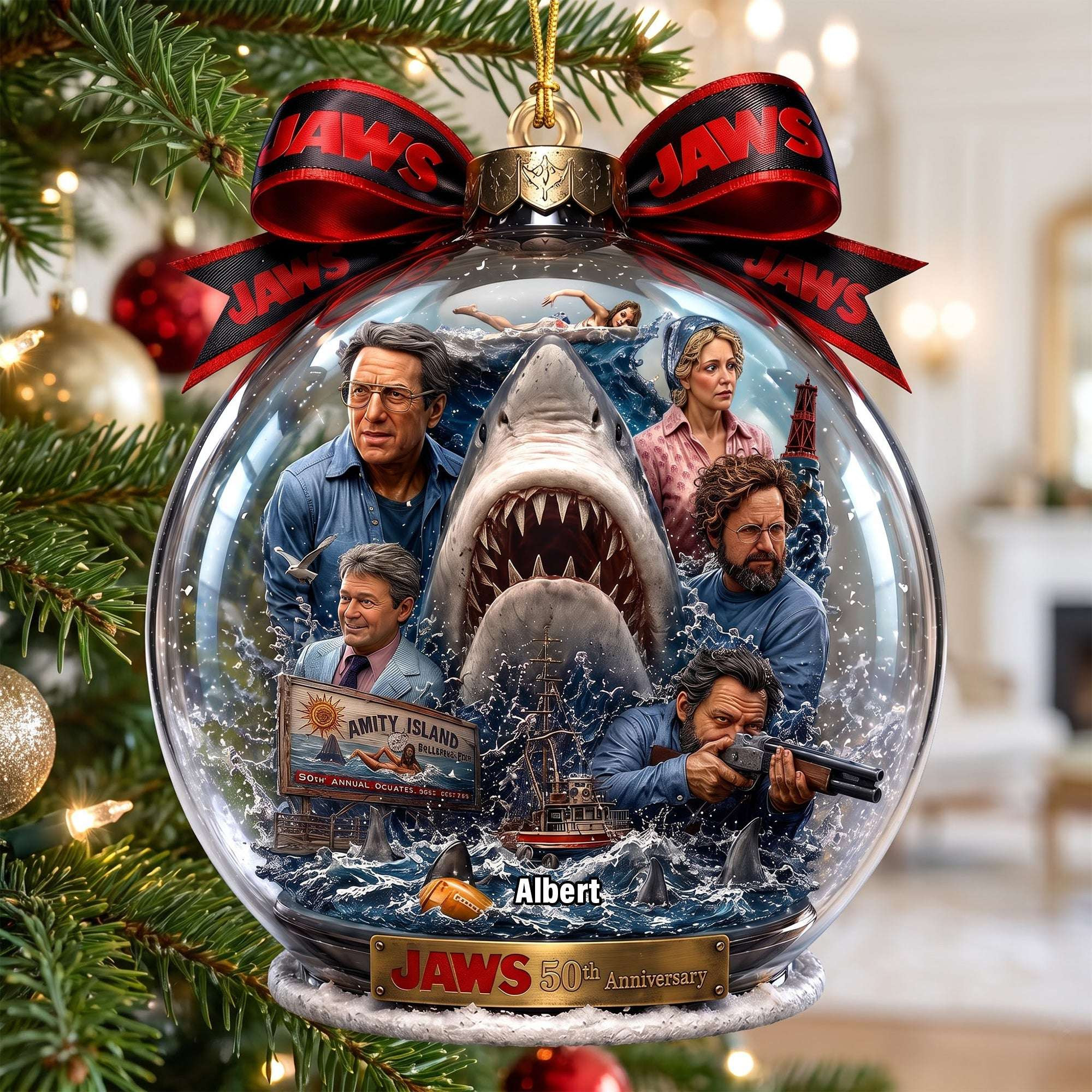 Personalized Jaws 50th Anniversary Christmas Ornament Jaws Movie Merch Holiday Decor For Fans