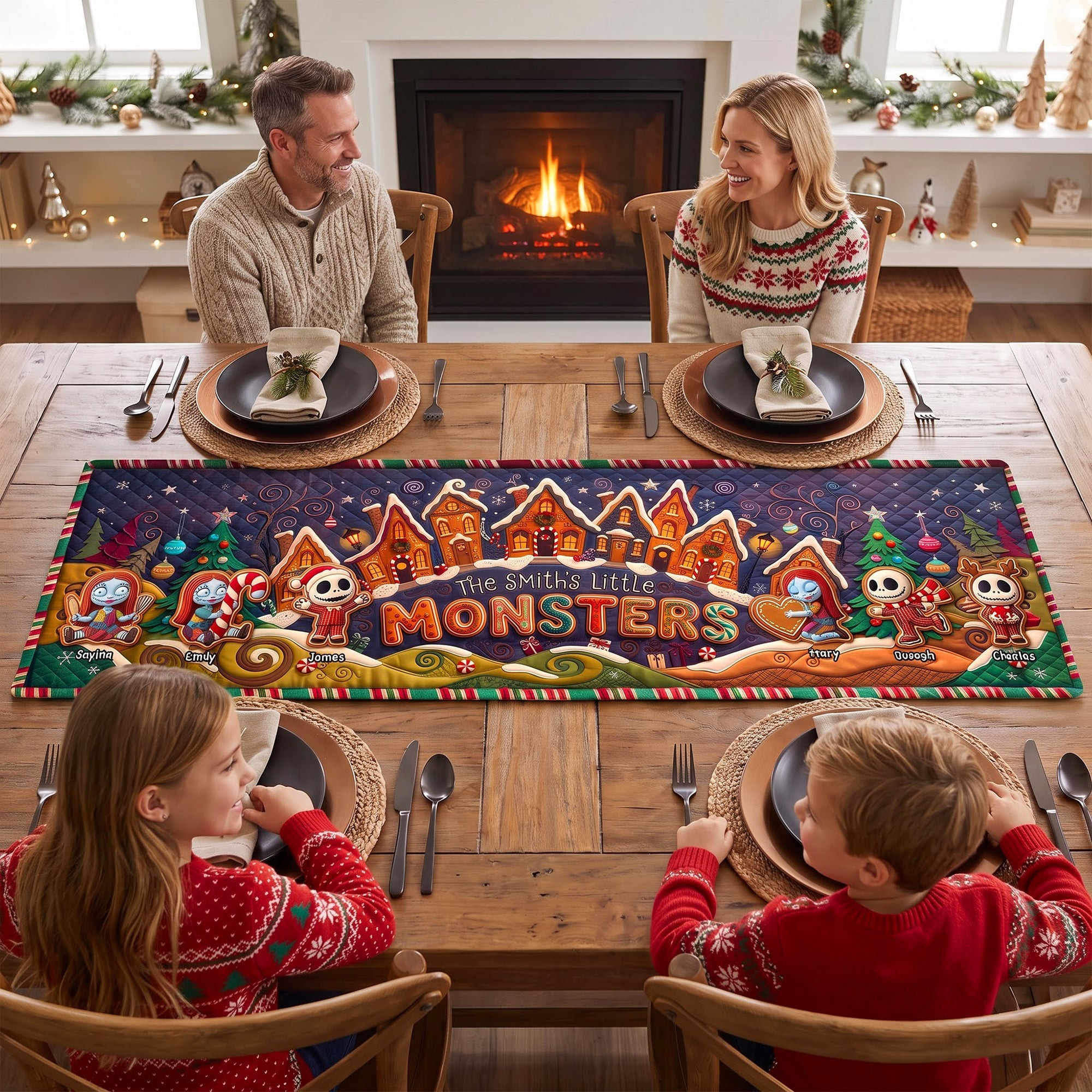 Personalized Little Monsters Gingerbread Quilted Table Runner Christmas Gifts For Family